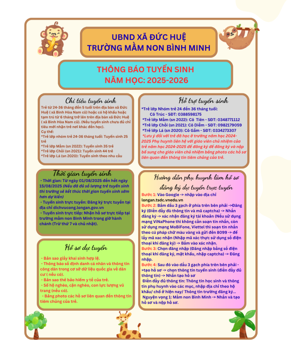 TRƯỜNG MẦM NON BÌNH MINH XÃ ĐỨC HUỆ THÔNG BÁO TUYỂN SINH NĂM HỌC 2025-2026