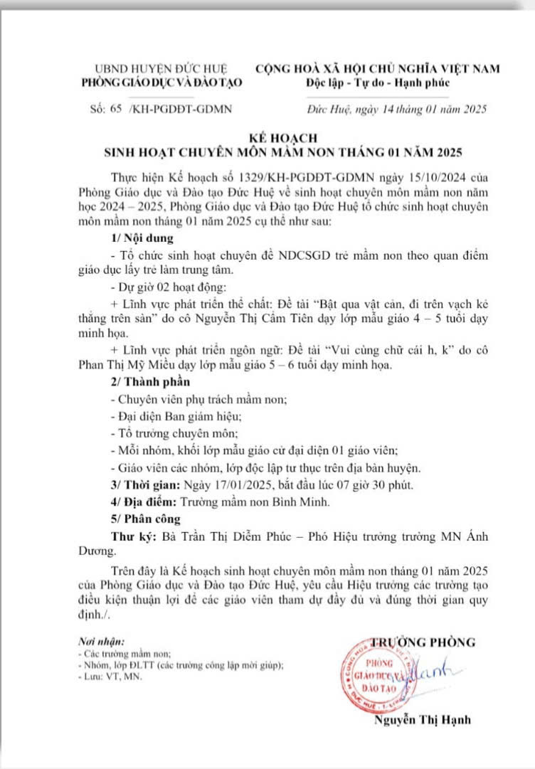 PHÒNG GIÁO DỤC TỔ CHỨC SINH HOẠT CHUYÊN MÔN TẠI ĐƠN VỊ TRƯỜNG TRƯỜNG MẦM NON BÌNH MINH THÁNG 01/2025
