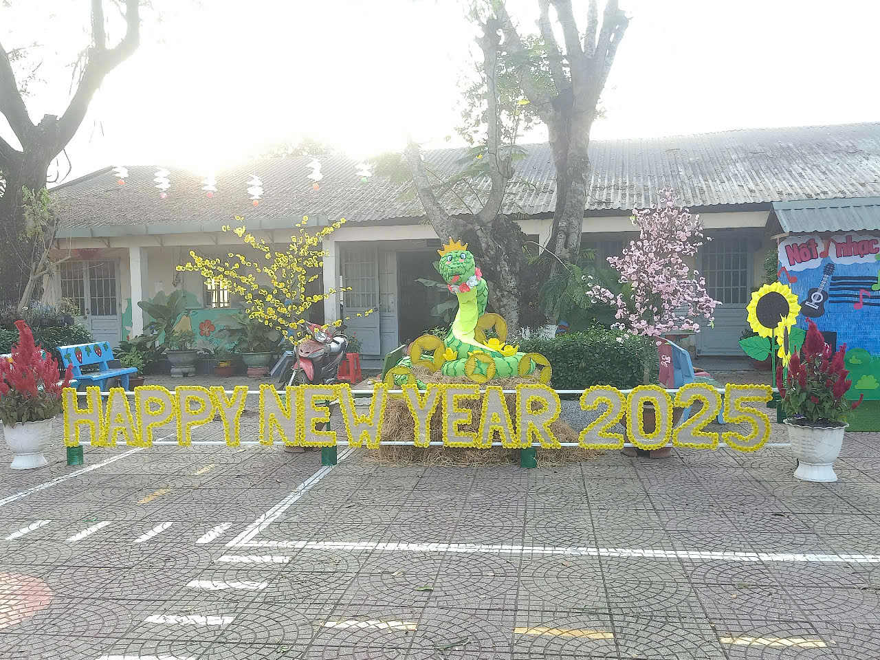 Hình ảnh trang trí chào Xuân Ất Tỵ 2025 ở trường mầm non Bình Minh